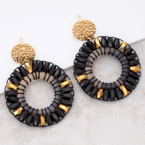 Boucles d'oreilles CRYSTALS VALLEY STEEL Black Gold Pendantes ajourées Rivière Doré et Noir Acier inoxydable Cristaux brodés