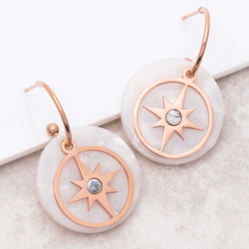 Boucles d'oreilles ESTELLA White & Rose Gold Créoles pendentif étoile Acier inoxydable doré à l'or fin rosé Howlite blanche