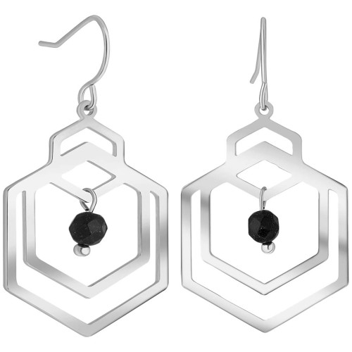 Boucles d'oreilles KAILANO Black Silver Pendantes ajourées Géométrique Argent et Noir Acier inoxydable Cristaux sertis