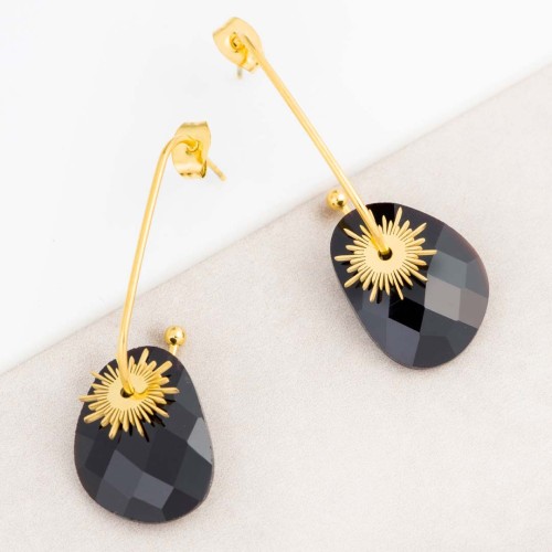 Boucles d'oreilles SUNSTAR Black Gold Dormeuse créoles pendentif Solaire Acier inoxydable doré à l'or fin Cristaux sertis Noir