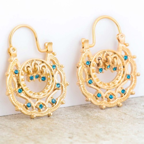 Boucles d'oreilles GOANE Blue Gold Créoles ajourées Tzigane Doré et Bleu Laiton doré à l'or fin Oxydes de zirconium sertis