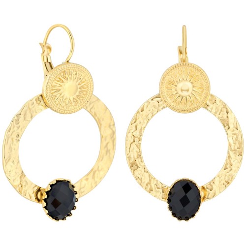 Boucles d'oreilles SOLARA Black Gold Pendantes ajourées Symboles solaires Doré et Noir Acier inoxydable doré à l'or fin Cristal