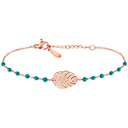 Bracelet FOREST Green & Rose Gold Bracelet fin chaine souple réglable Feuille Acier inoxydable doré à l'or fin rosé Perles verte