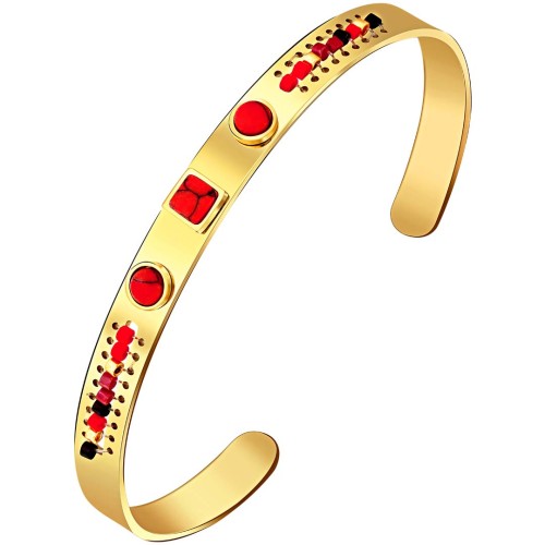 Bracelet REGANIS Red Gold Jonc réglable flexible Ethnique Doré et Rouge Acier inoxydable doré à l'or fin Pierre Jaspe rouge