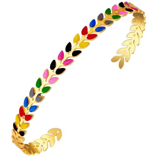 Bracelet NOGUERA Color Gold Jonc réglable flexible rigide Feuillage Doré et Multicolore Acier inoxydable doré à l'or fin émaux