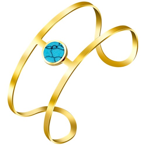 Bracelet KORFU Blue Gold Manchette réglable flexible ajourée Contemporain Bleu Acier inoxydable doré à l'or fin Pierre Turquoise