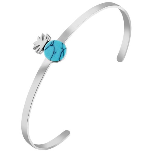 Bracelet OASIS Blue Silver Jonc réglable flexible Ananas Argent et Bleu Turquoise Acier inoxydable Pierre Turquoise