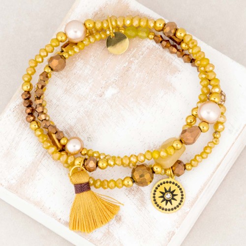 Bracelet DIVOLINE Mustard Yellow Gold Bracelet de perles multirangs Symbole solaire Jaune Moutarde Acier inoxydable doré Cristal