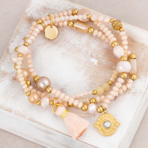 Bracelet MARGO Beige Nude Gold Bracelet de perles multirangs Symboles solaires Acier inoxydable doré à l'or fin Cristal Pompon