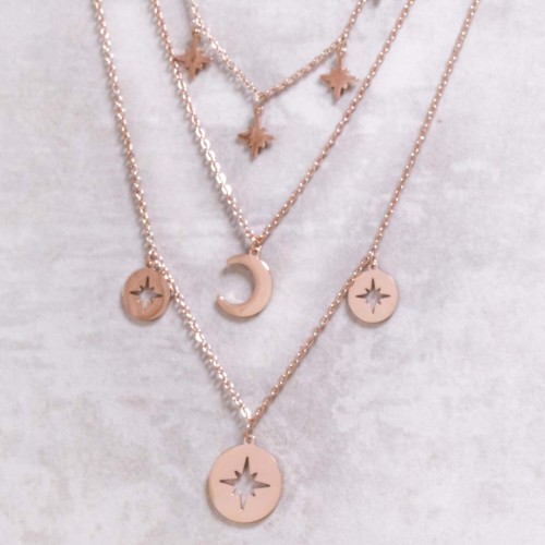 Collier NAGMA Rose Gold Ras de cou multirangs Symboles stellaires Rosé et Rosé Acier inoxydable doré à l'or fin rosé