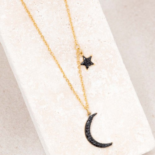 Collier STARMOON Black Gold Ras de cou pendentif étoile et lune Doré et Noir Acier inoxydable doré à l'or fin Cristal