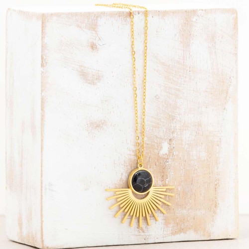 Collier EKIS Black Gold Ras de cou pendentif Solaire Doré et Noir Acier inoxydable doré à l'or fin Pierre Howlite noire