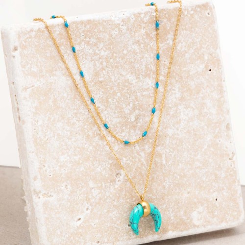 Collier MOONTIS Blue Gold Ras de cou multirangs Lune Doré et Bleu Turquoise Acier inoxydable doré à l'or fin Pierre Turquoise