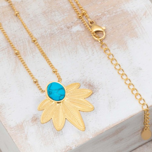 Collier NATULIS Blue Gold Ras de cou pendentif Feuillage Doré et Bleu Acier inoxydable doré à l'or fin Pierre Turquoise